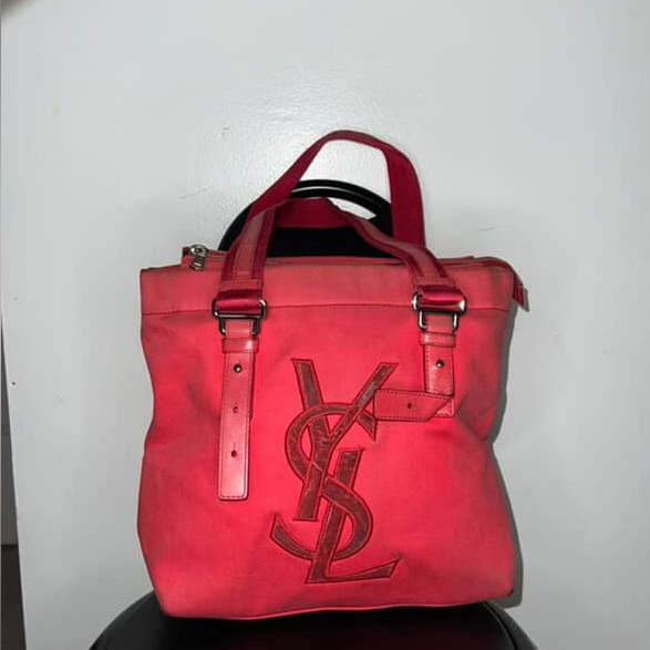 Ysl Red Canvas Tote Bag With Leather Logo Preloved With Tags